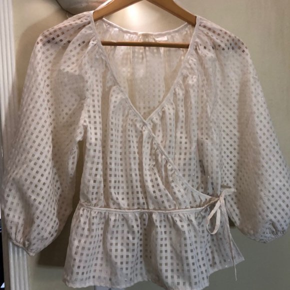 Levi’s White Delilah Wrap Top Puff Sleeve Sheer Windowpane Sugar Swizzle XS - Picture 4 of 7